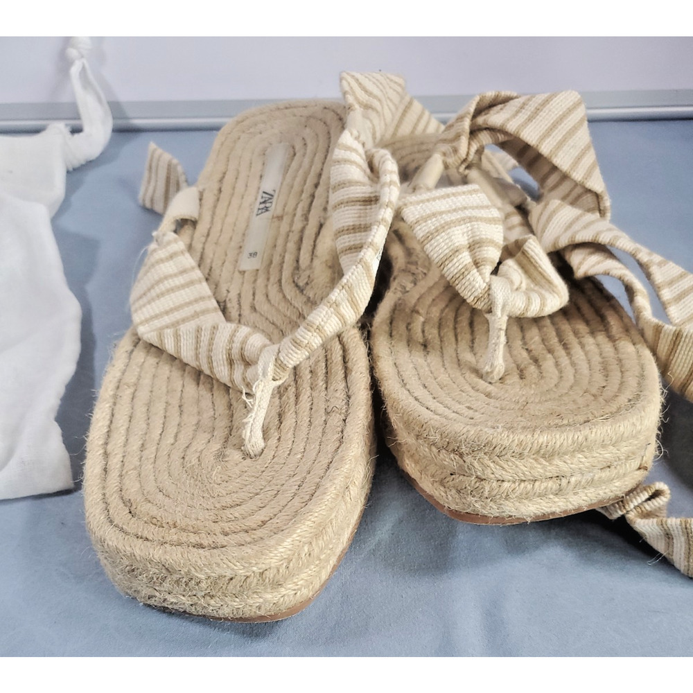 ZARA Striped Espadrille Sandals Women Size 7.5 Lace Up Ankle Tie Flat Jute Boho - Picture 2 of 14